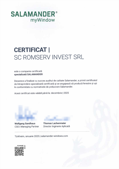 Certificat Salamander - SC Romserv Invest SRL, companie certificată specializată Salamander